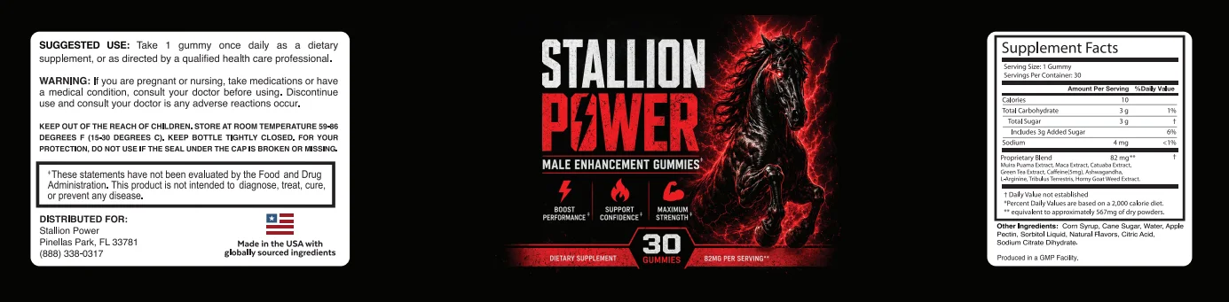 The Stallion Power label panels, showing the Supplement Facts, the 82 mg proprietary blend and the suggested use